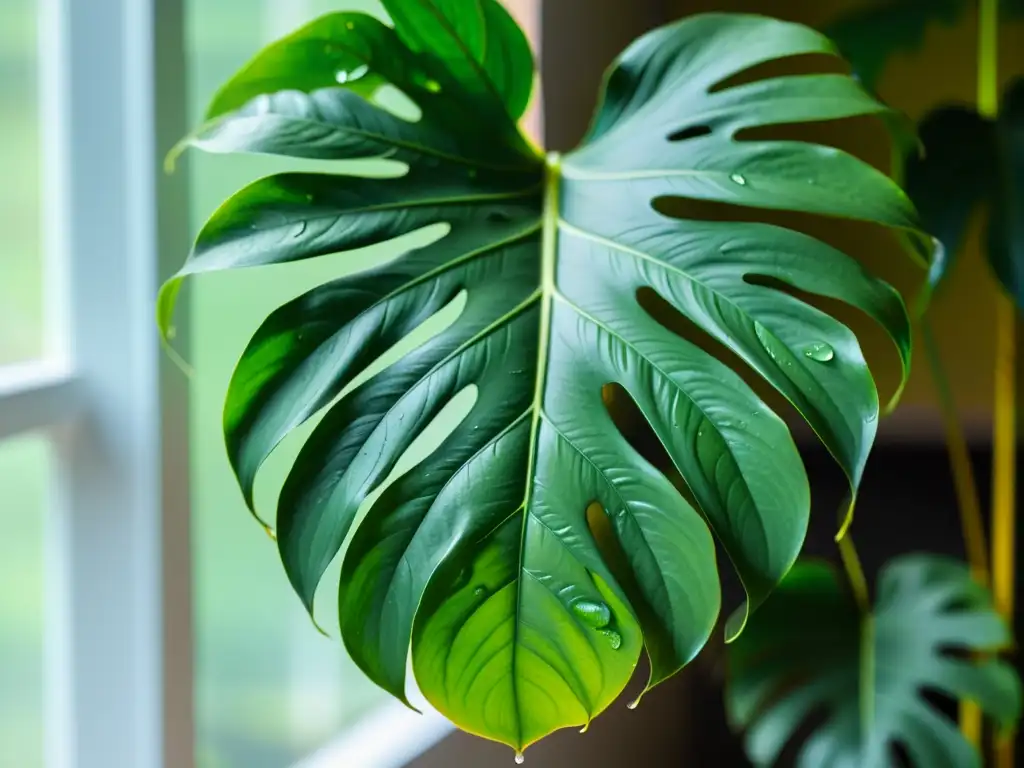 Detalle exquisito de una hoja de monstera deliciosa verde vibrante, con venas nítidas y gotas de agua