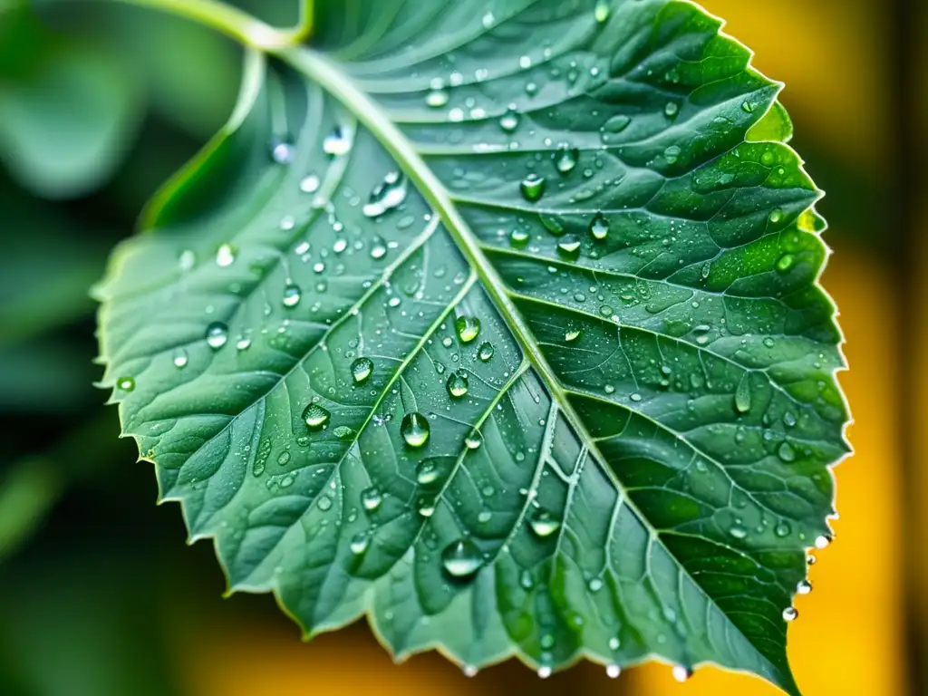 Detalle exquisito de una hoja de planta interior cubierta de gotas de agua, resaltando la importancia de la calidad del agua para las plantas