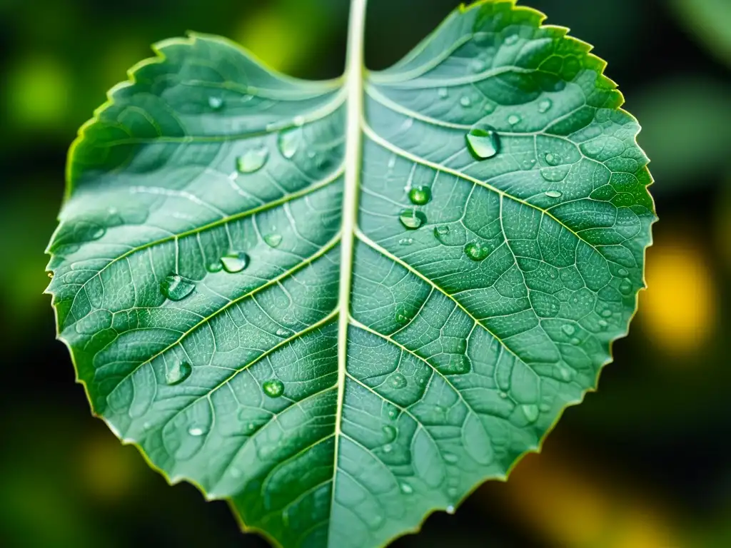 Detalle exquisito de una hoja verde vibrante con gotas de agua, realzando su belleza natural