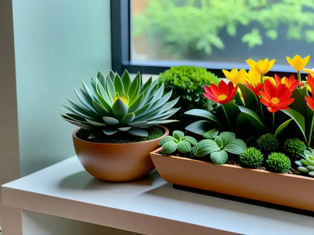 Detalle de un exquisito jardín interior con flores vibrantes y plantas en macetas elegantes