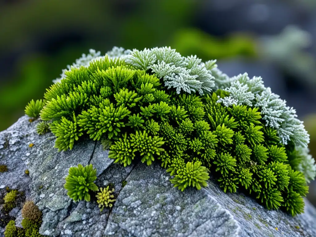 Detalle exquisito de musgos y líquenes árticos en una roca, mostrando la belleza única de la flora de la tundra