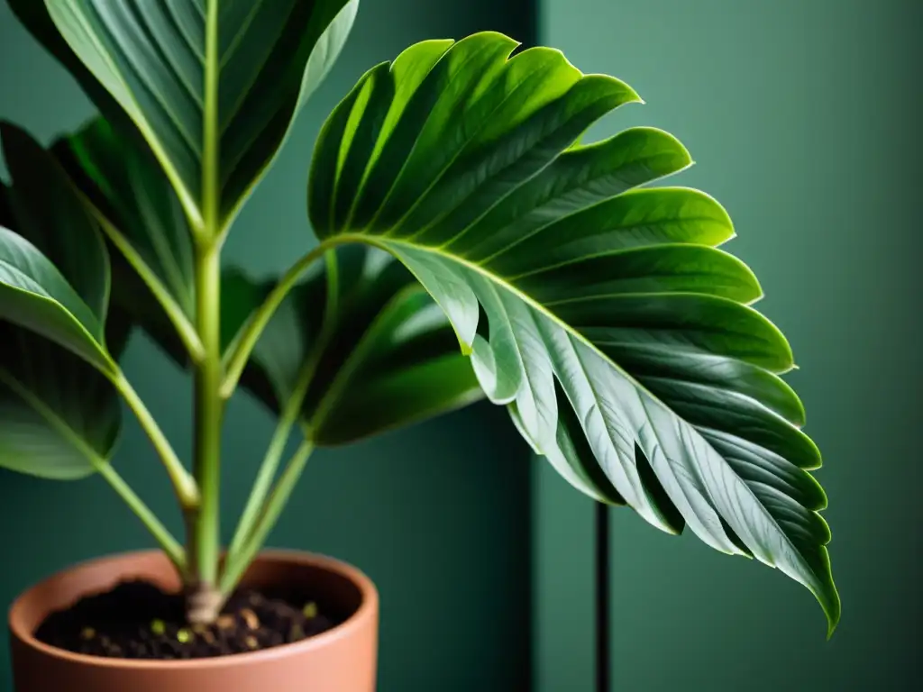 Detalle exquisito de una planta de interior en fotografía, mostrando la belleza natural en un ambiente sereno