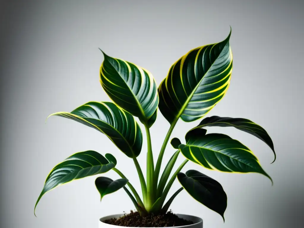 Detalle exquisito de planta de interior verde en fondo blanco, resaltando la importancia de los micronutrientes en su cuidado