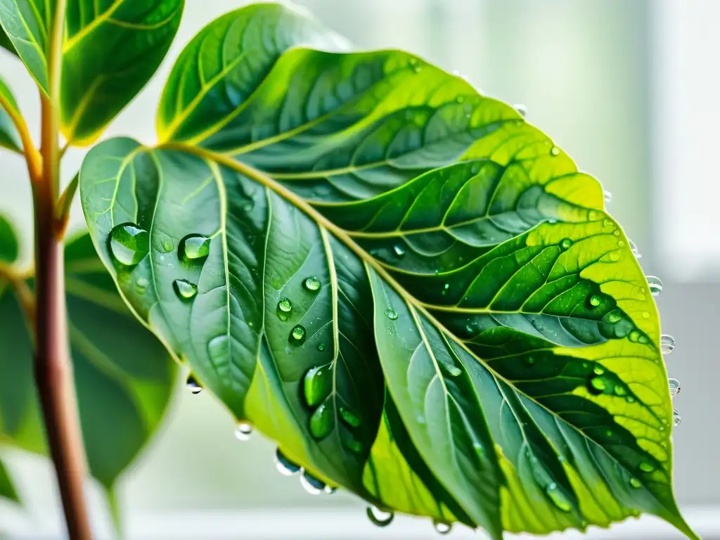 Detalle exquisito de una planta de interior verde con gotas de agua, resaltando la técnica riego por mecha