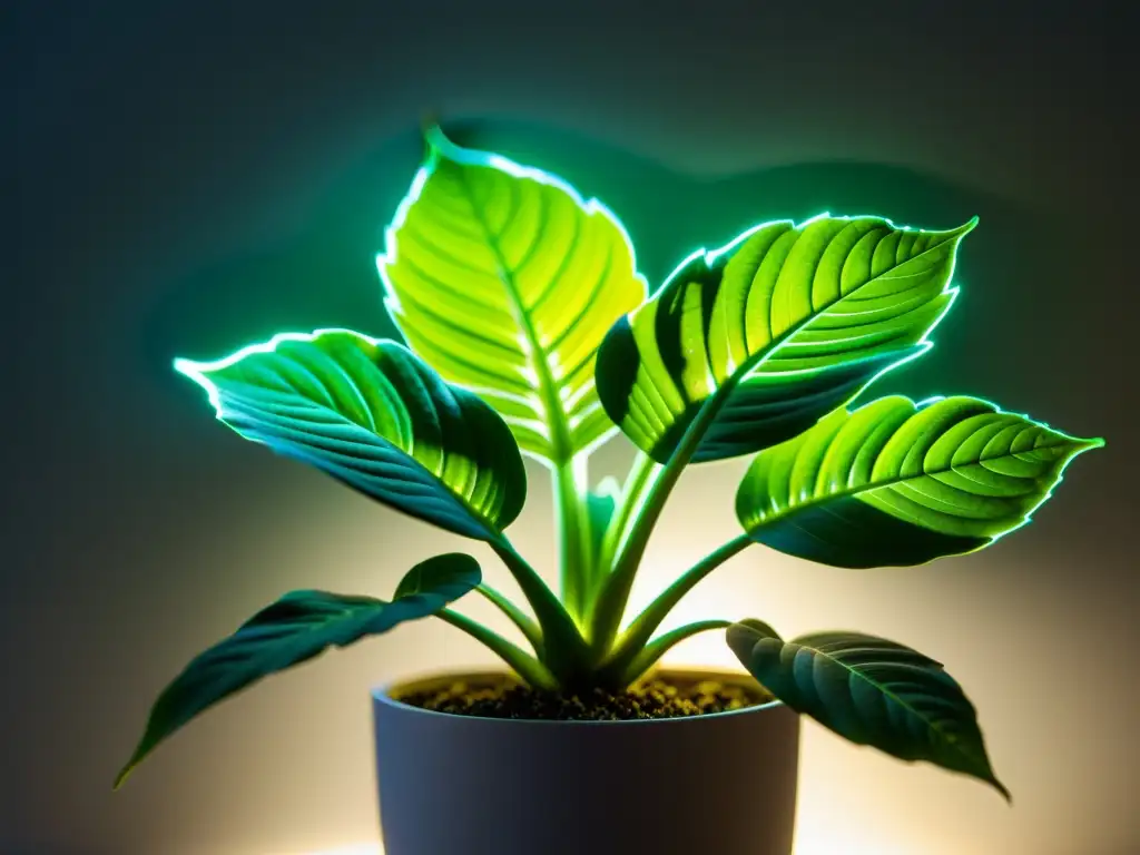 Detalle exquisito de planta verde bajo luz LED moderna, resaltando beneficios tecnología LED para plantas