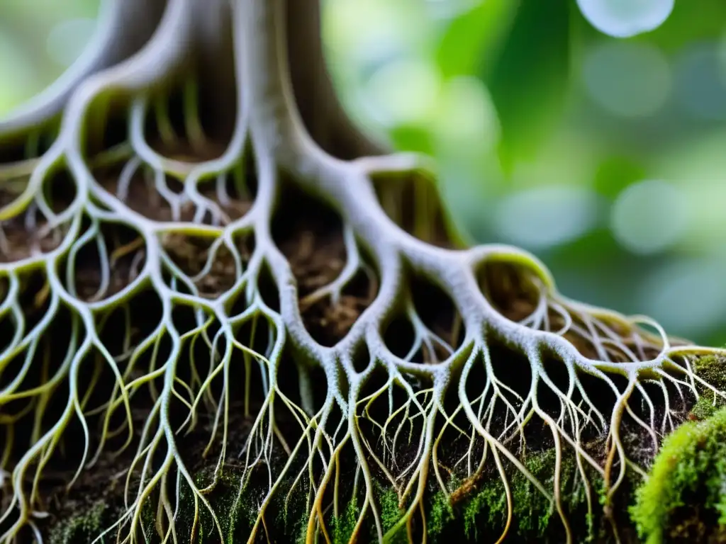 Detalle exquisito de las raíces aéreas de una planta epífita, resaltando su belleza natural y adaptación única al entorno