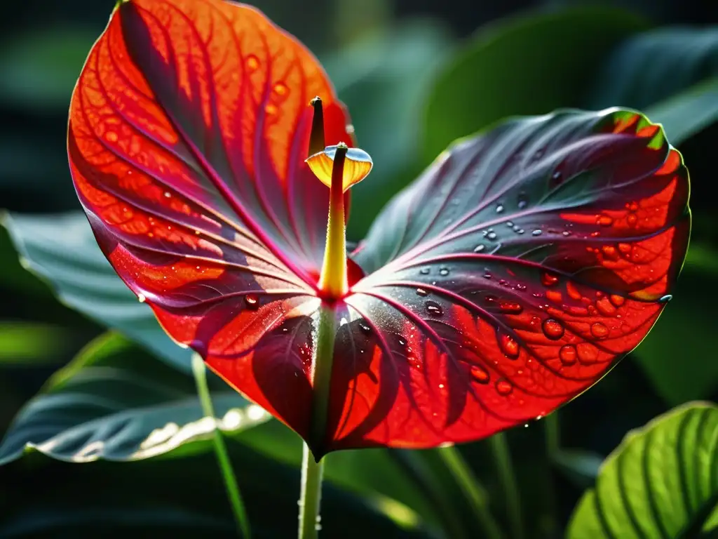 Anthurium rojo con gotas de rocío: belleza natural Detalle exquisito de una anthurium roja con rocío en sus pétalos, rodeada de exuberante follaje tropical