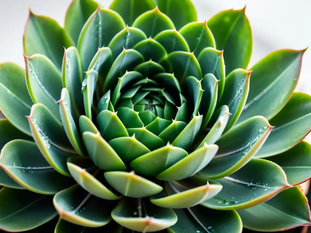 Detalle exquisito de una suculenta verde con gotas de agua, sobre fondo blanco