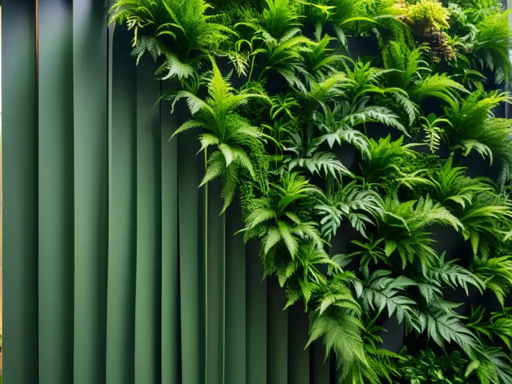 Detalle exquisito de un jardín vertical con helechos, creando un contraste vibrante entre la naturaleza y el diseño moderno