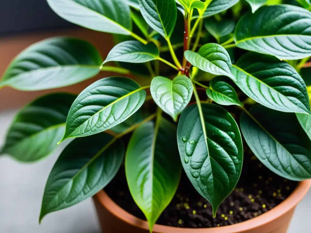 Detalle de exuberante follaje verde de planta de interior, resaltando vitalidad y brillo