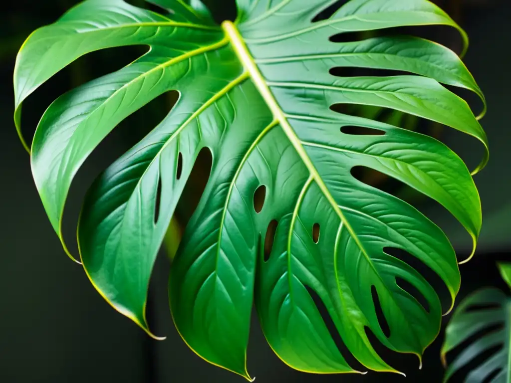 Detalle de una exuberante hoja de monstera deliciosa con patrones intrincados