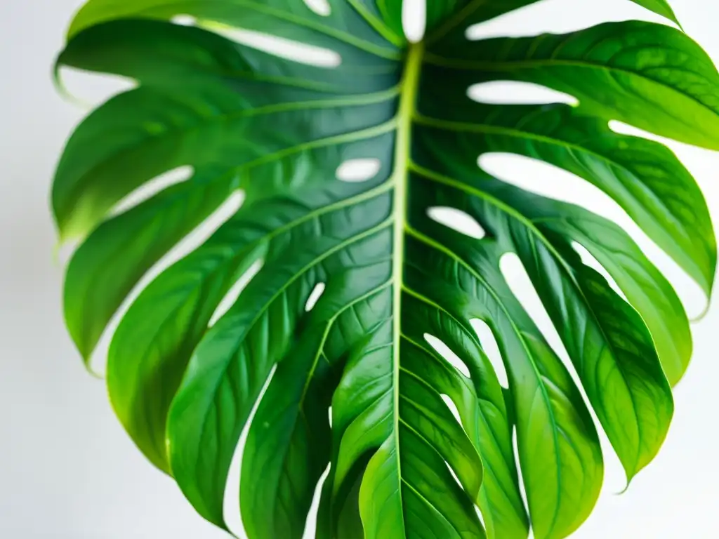 Detalle de una exuberante hoja de monstera deliciosa, con patrones intrincados y tonos verdes vibrantes