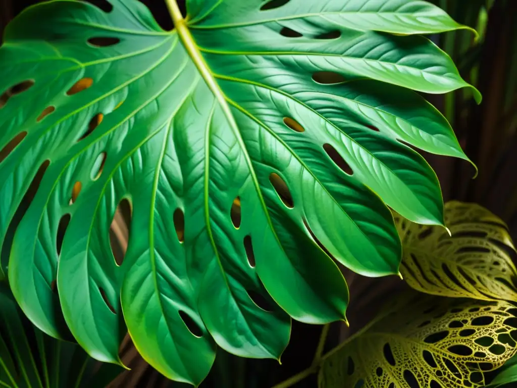 Detalle de una exuberante hoja de monstera deliciosa, con patrones y texturas detallados