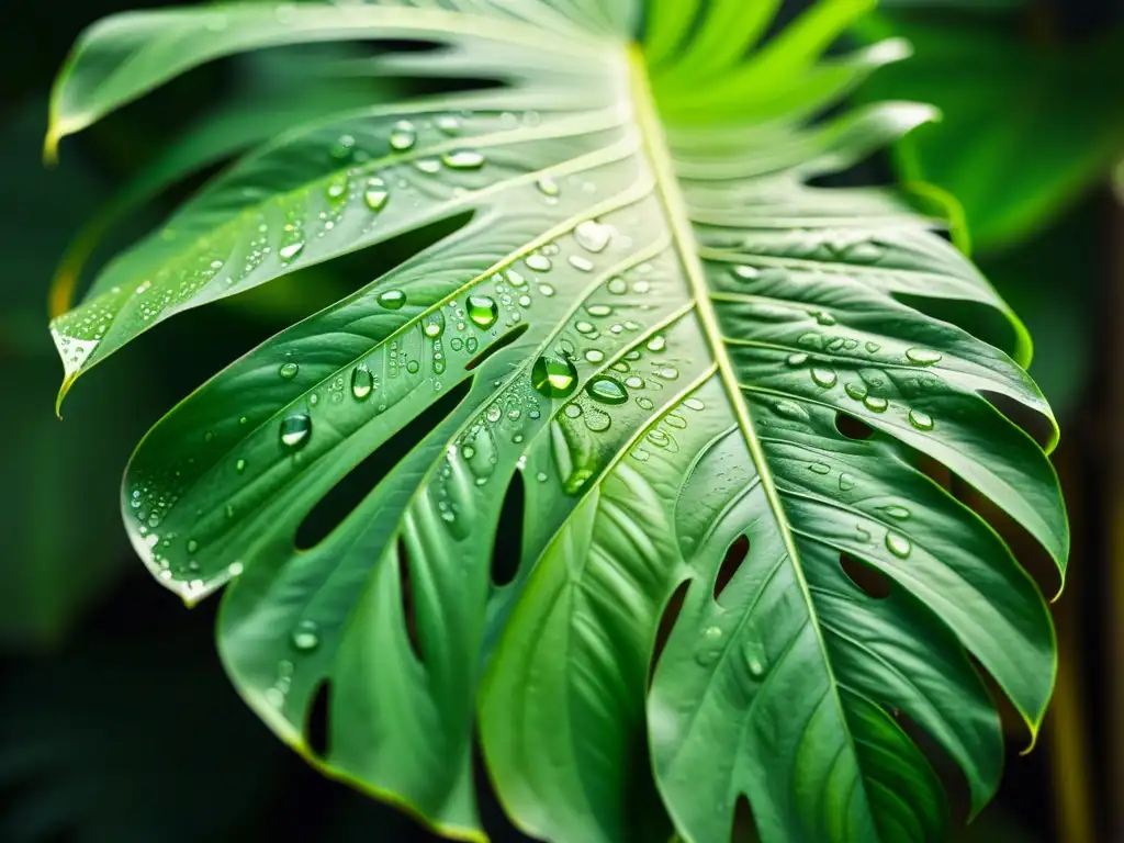 Detalle de una exuberante hoja de planta monstera, con patrones y texturas intrincados, resaltando en tonos verdes vibrantes