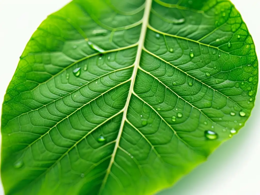 Detalle de una exuberante hoja verde con delicadas venas y gotas de agua, resaltada por la luz solar