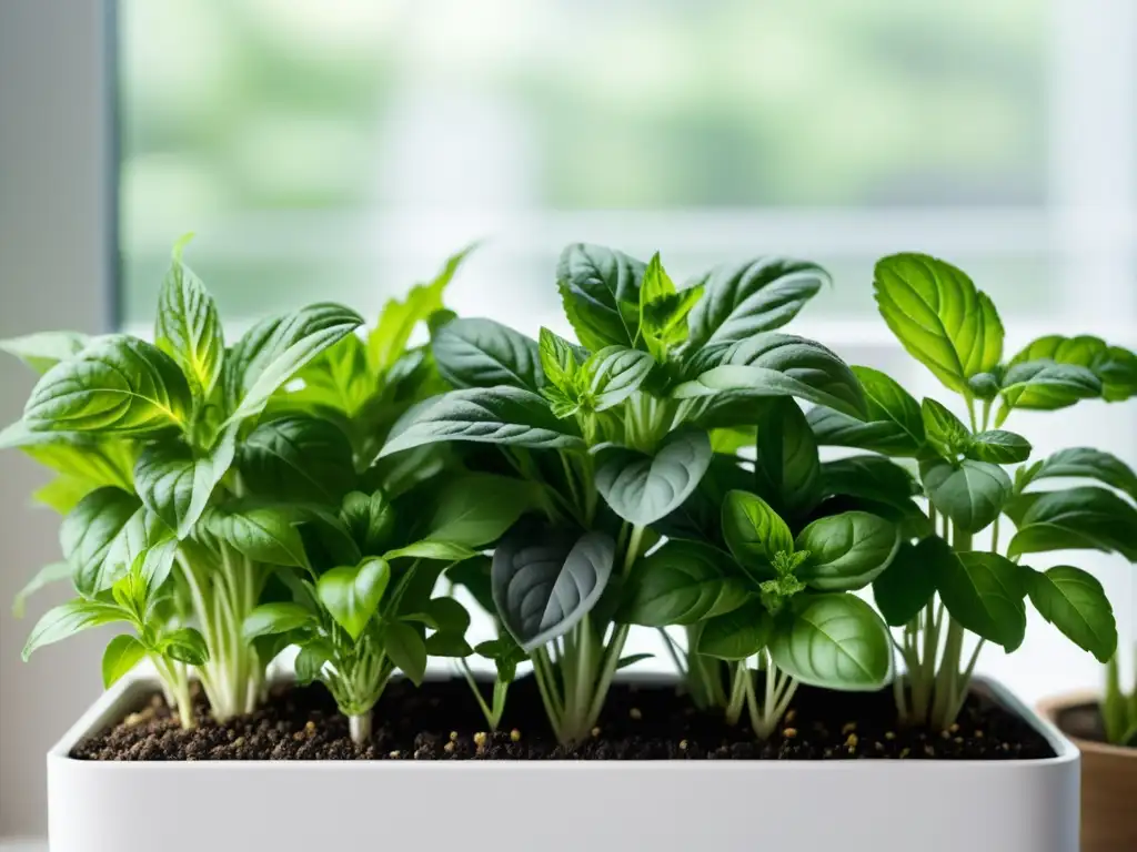 Detalle de un exuberante jardín de hierbas aromáticas en interiores, con albahaca, perejil, menta y cilantro en macetas modernas