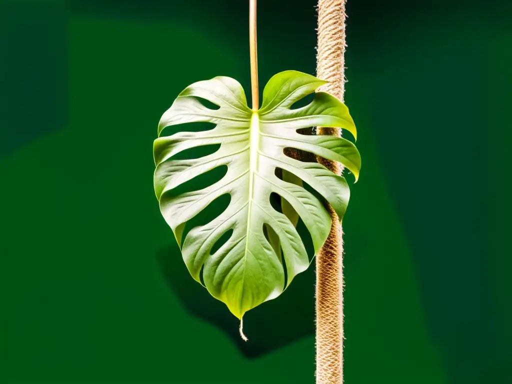 Detalle de una exuberante Monstera Deliciosa con capas de aire visibles en un poste de musgo