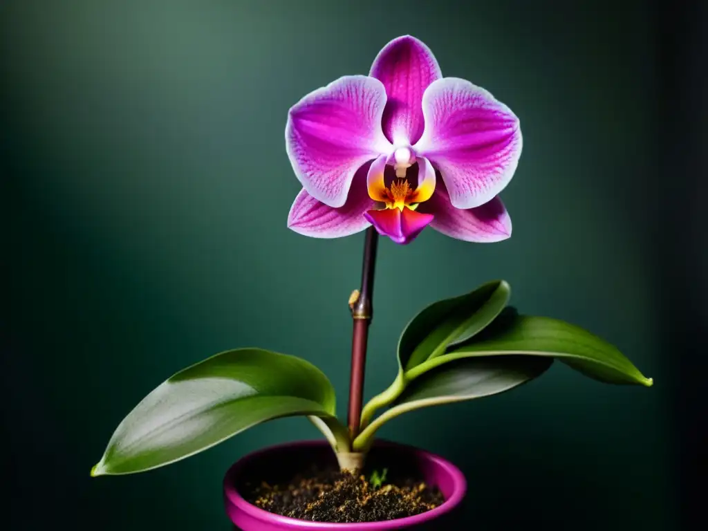 Detalle de una exuberante orquídea en flor en tonos magenta, con hojas verdes