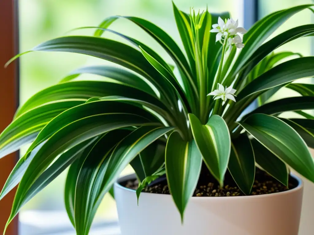 Detalle de la exuberante planta araña con flores blancas, en maceta blanca