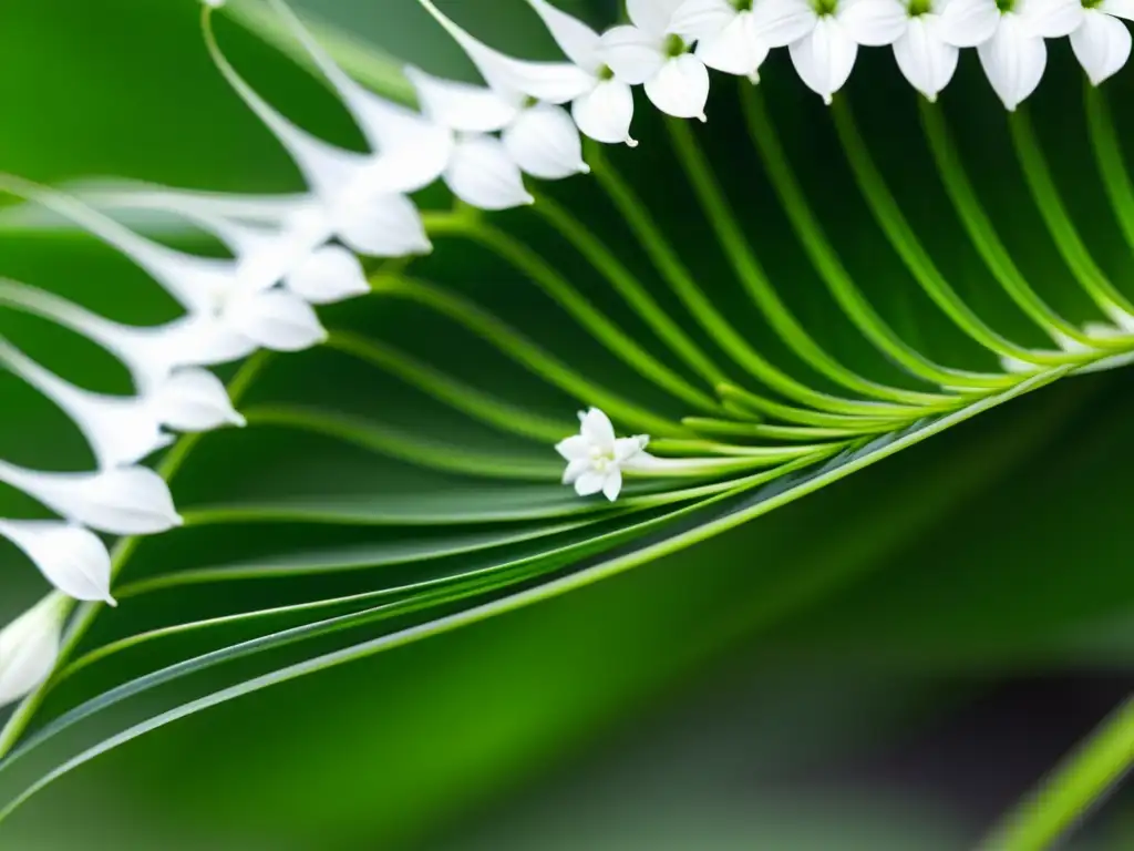 Detalle de una exuberante planta araña con flores blancas, hojas rayadas y puntos, y tallos finos, transmitiendo calma y pureza