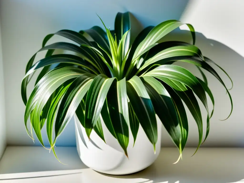 Planta araña verde en stand blanco: detalle y tranquilidad Un detalle de la exuberante planta araña (Chlorophytum comosum) en un soporte blanco moderno, con luz solar y sombras