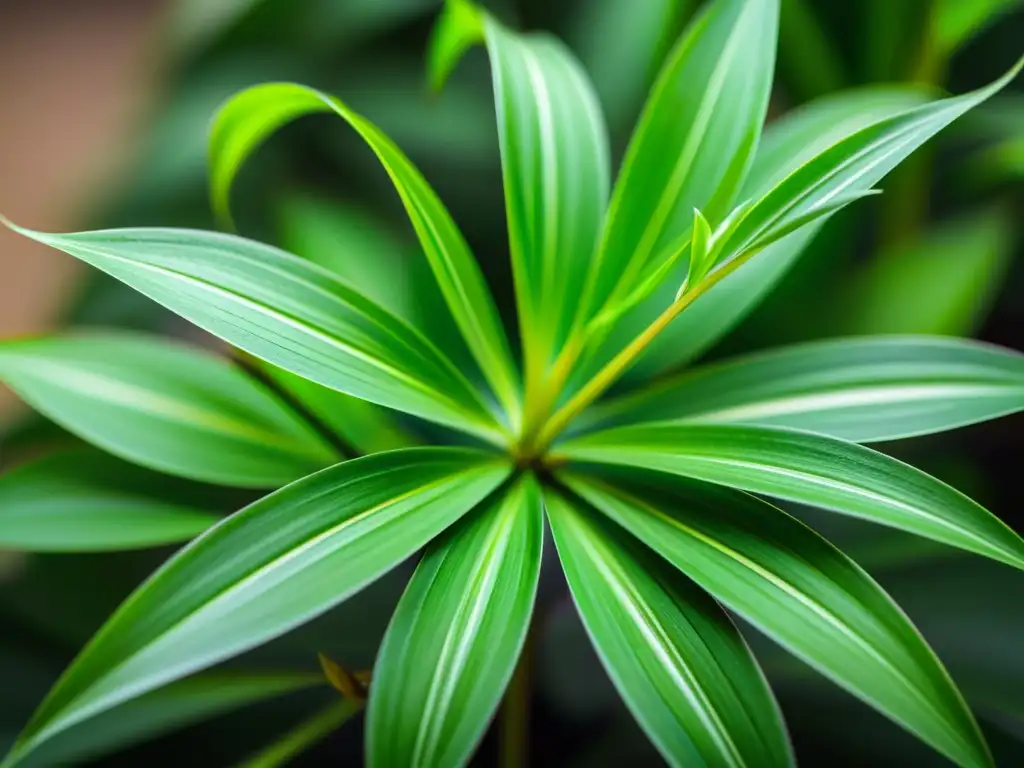 Detalle de una exuberante planta araña (Chlorophytum comosum) iluminada por luz natural