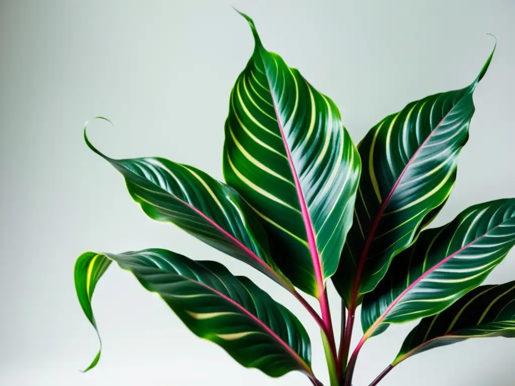 Detalle de una exuberante planta calathea ornata, con hojas rosadas y verdes sobre fondo blanco