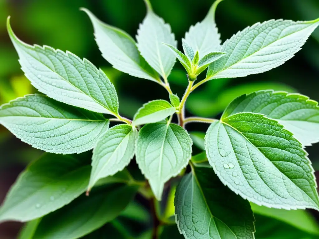 Detalle de exuberante planta de Salvia Divinorum en cultivo seguro en interiores, con hojas verdes y venas púrpuras, sobre fondo blanco