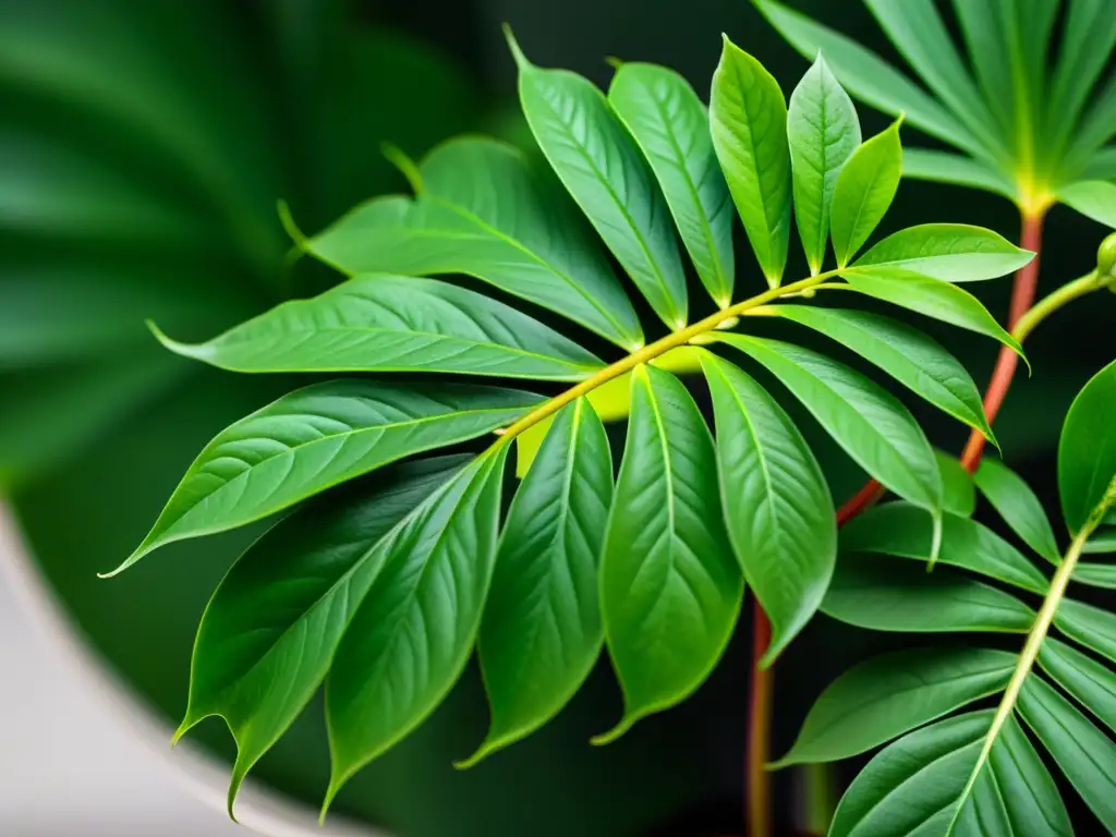 Detalle de una exuberante planta doméstica de hojas delicadas, resaltando su belleza natural