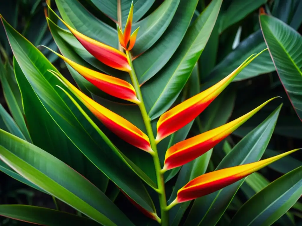 Detalle de exuberante planta de heliconia en flor, con hojas verdes y flores rojas y naranjas