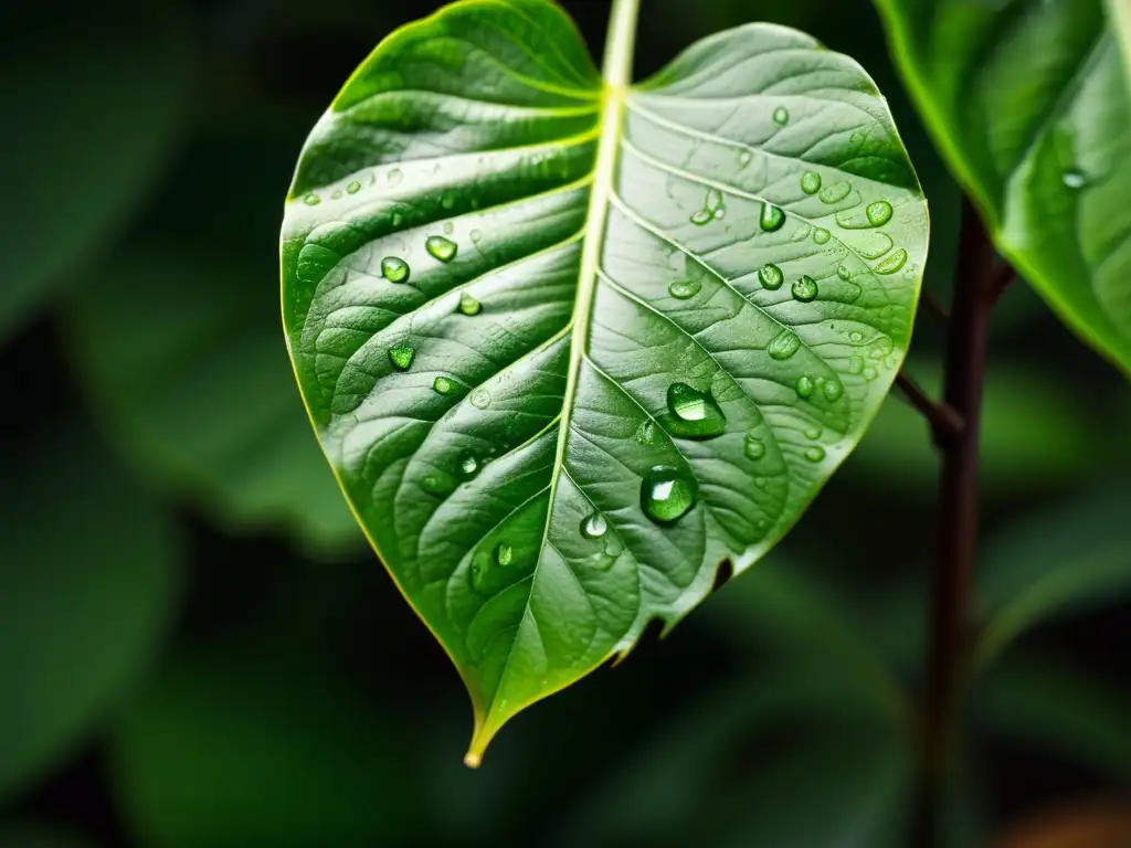 Detalle de una exuberante planta de interior con gotas de agua, hojas y venas