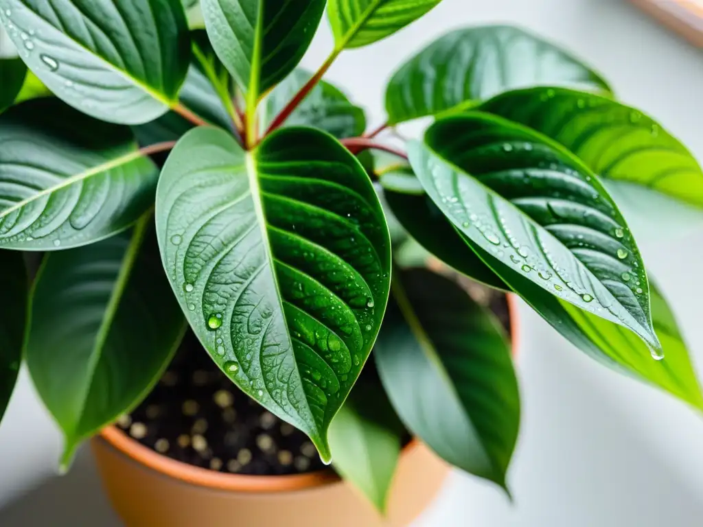 Detalle de una exuberante planta de interior con hojas vibrantes y saludables, regadas y nutridas para resaltar su belleza natural