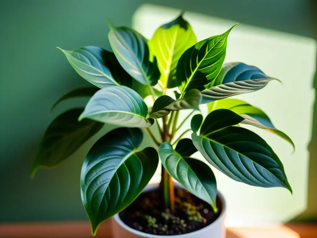 Detalle de exuberante planta de interior en luz natural, resaltando su vitalidad y belleza