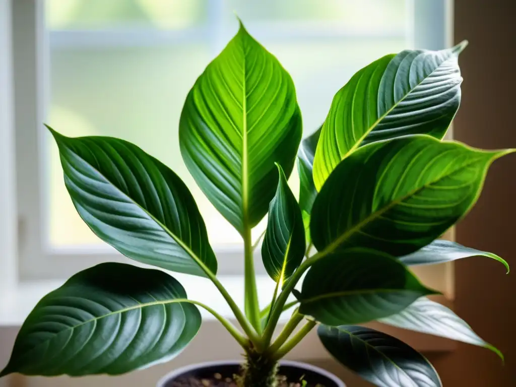 Detalle de una exuberante planta de interior con hojas vibrantes y saludables, bañadas por una suave luz natural