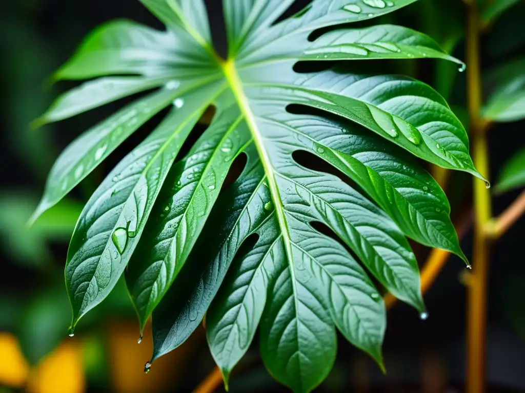 Detalle exuberante de una planta de interior, resaltando la importancia de la humedad con hojas brillantes y gotas de agua relucientes