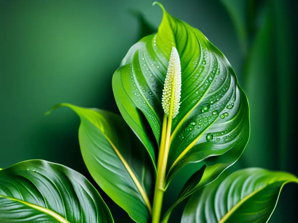 Detalle de una exuberante planta lirio de la paz con gotas de agua, resaltando sus beneficios como purificador de interiores