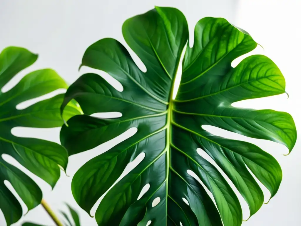 Detalle de una exuberante planta de monstera con patrones intrincados en hojas brillantes