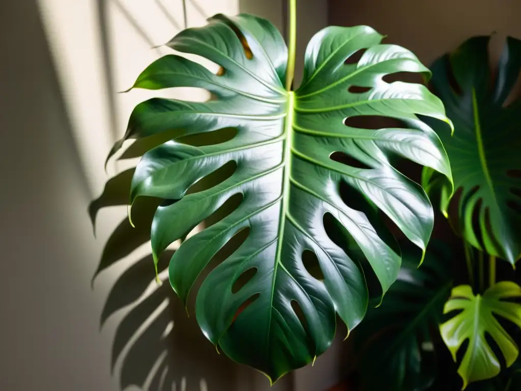 Detalle de una exuberante planta de monstera con patrones intrincados en sus grandes hojas brillantes, iluminada por el sol