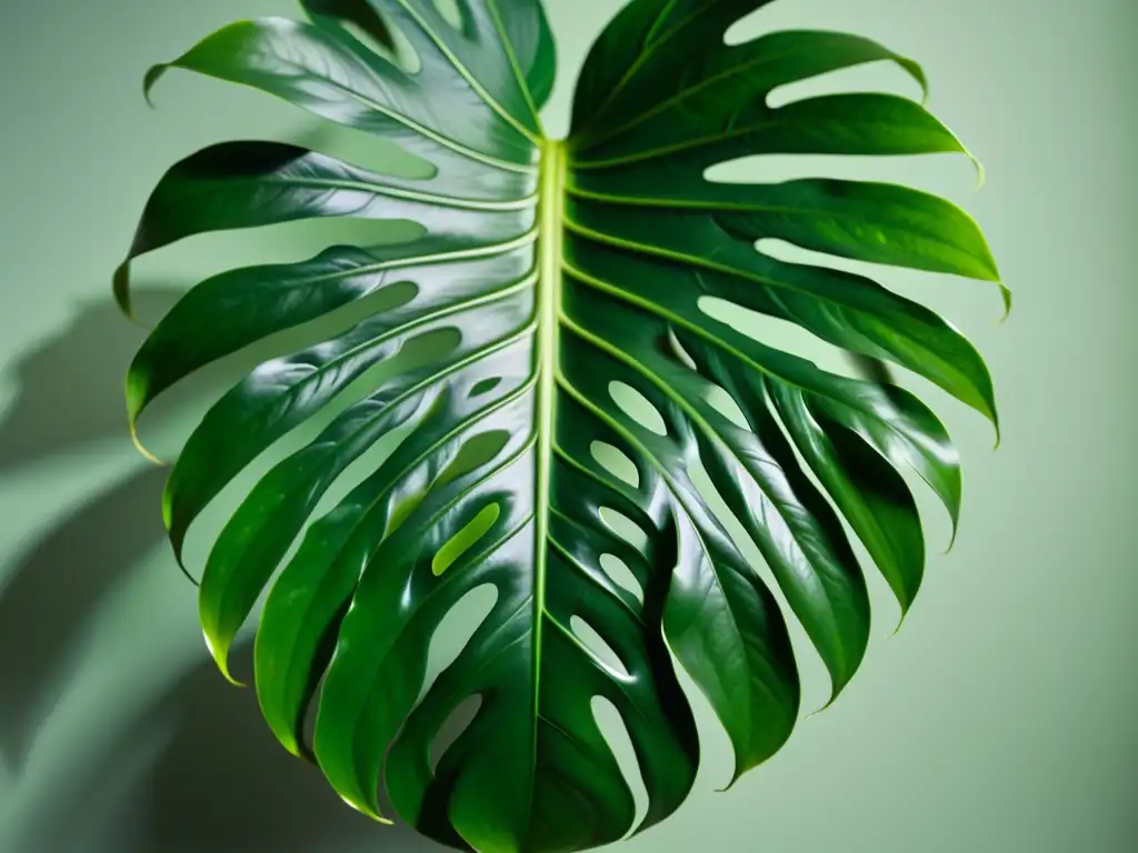 Detalle de una exuberante planta Monstera deliciosa con hojas brillantes, iluminadas por luz natural