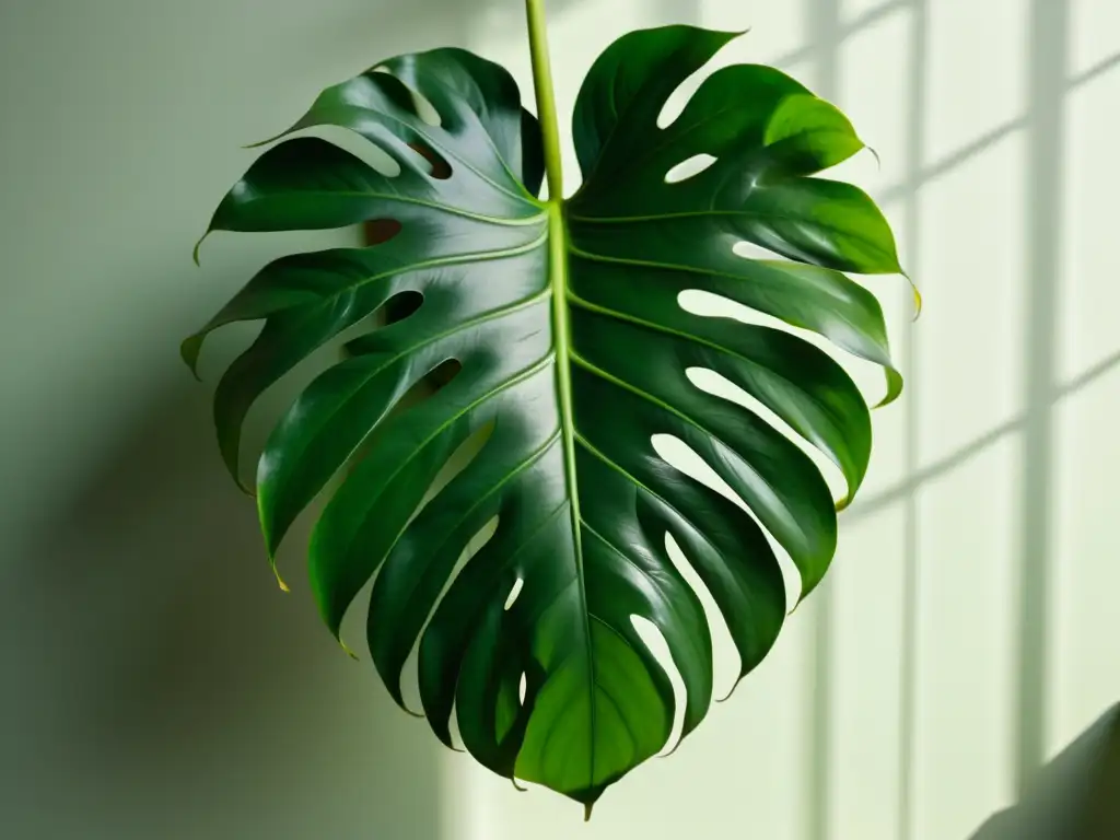 Detalle de la exuberante planta Monstera Deliciosa bañada por la luz solar