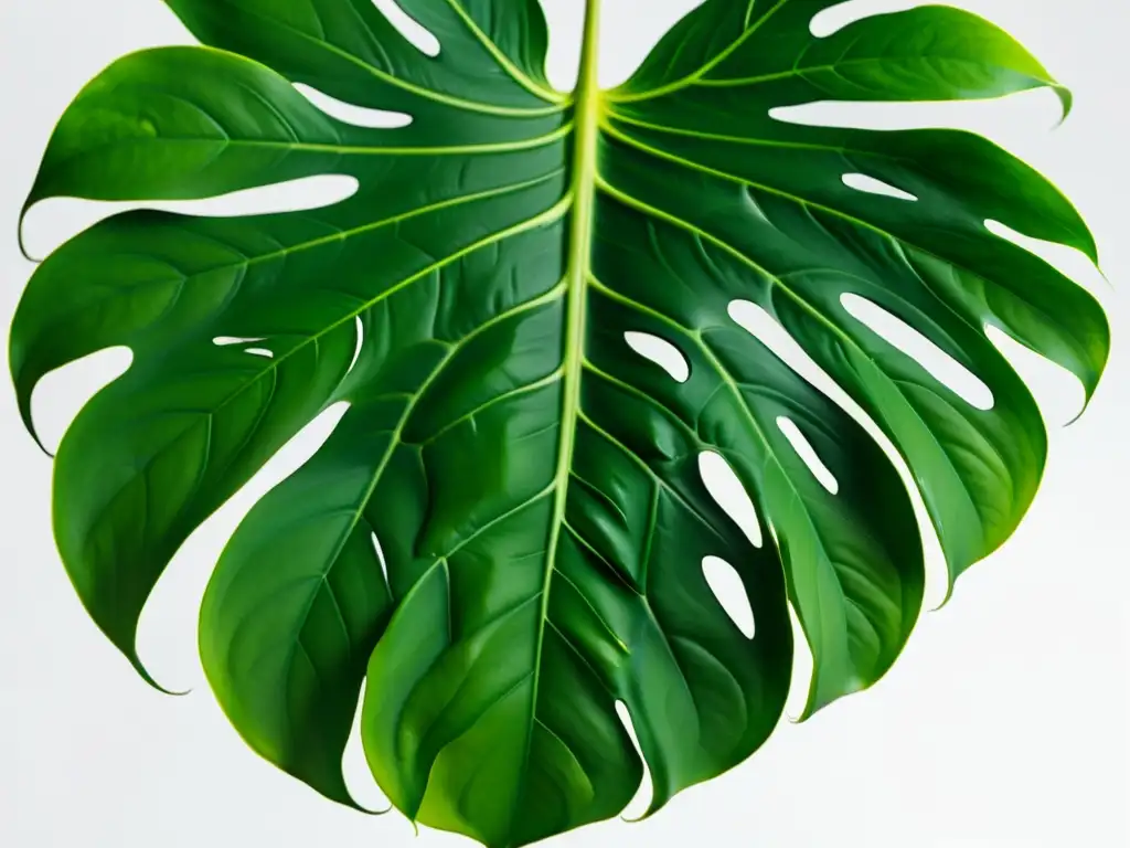 Detalle de exuberante planta monstera deliciosa en fondo blanco, destacando su belleza natural