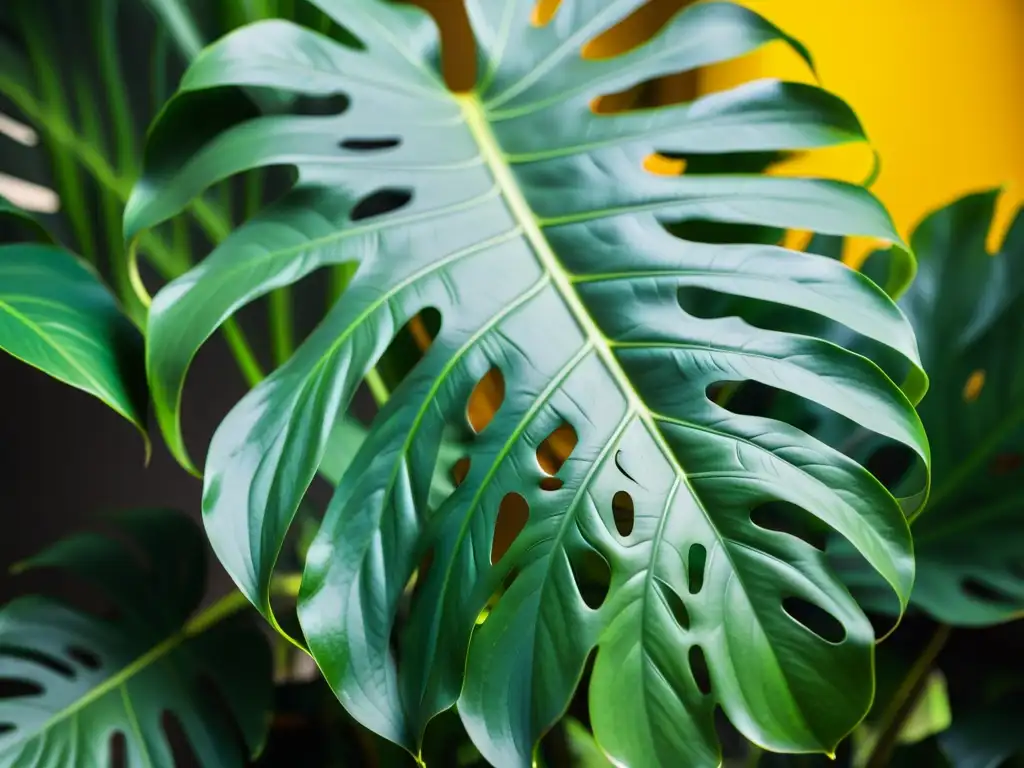 Detalle de una exuberante planta monstera, con patrones intrincados en sus grandes hojas brillantes