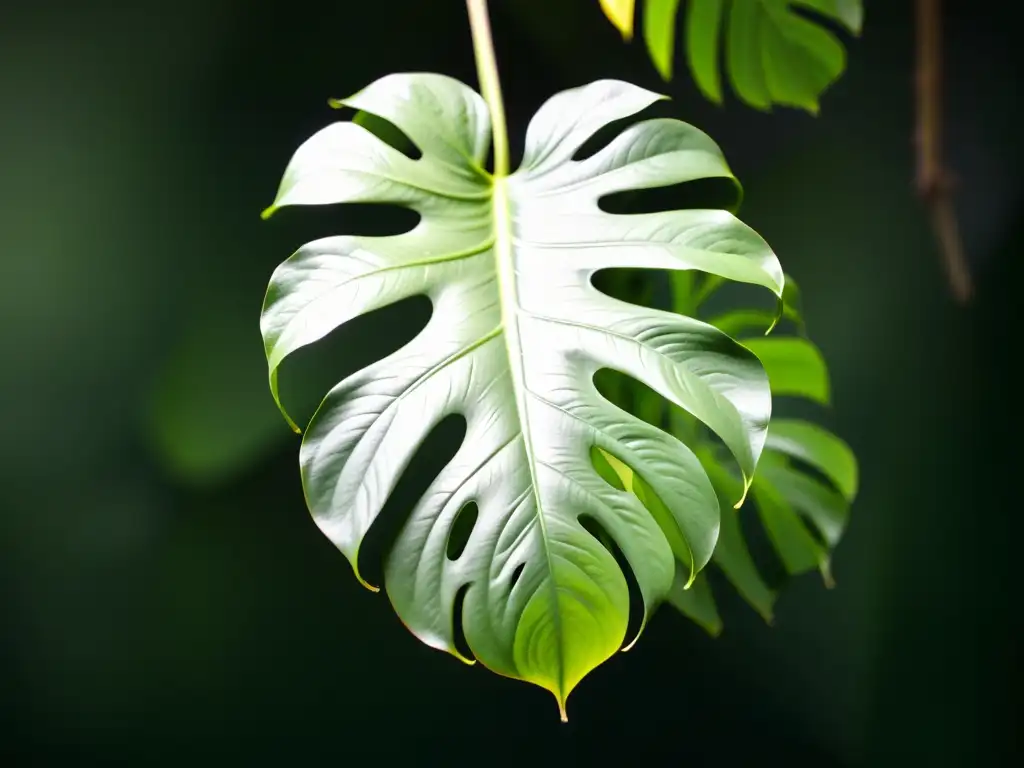 Detalle de la exuberante planta Monstera Deliciosa, con texturas e intrincados patrones