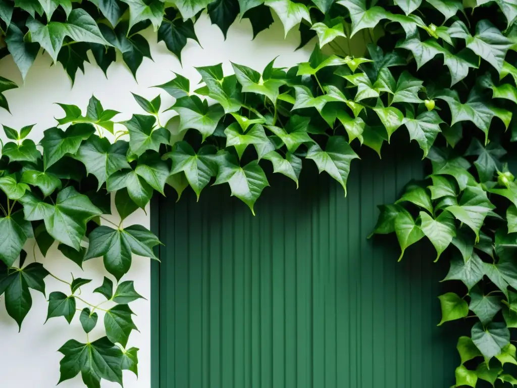 Detalle de una exuberante planta trepadora verde escalando una pared blanca texturizada