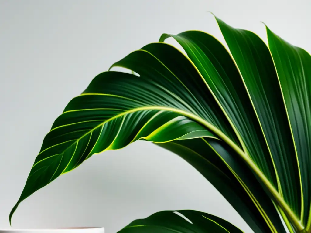 Detalle de exuberante planta tropical en maceta blanca sobre fondo neutro, ideal para interiores nórdicos