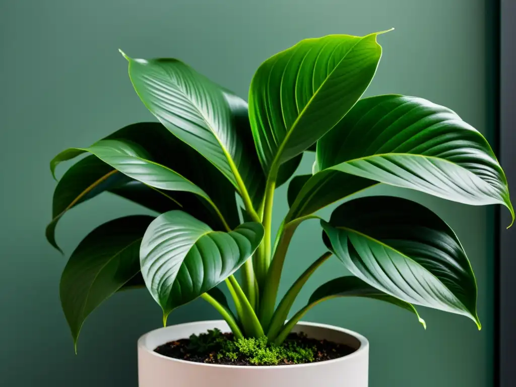 Detalle de exuberante planta tropical en maceta de diseño moderno, iluminada naturalmente