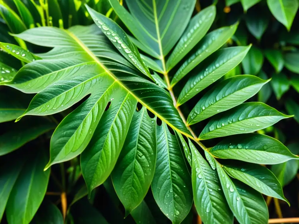 Detalle de exuberante planta tropical con hojas verdes vibrantes y patrones intrincados, goteando rocío bajo la luz del sol