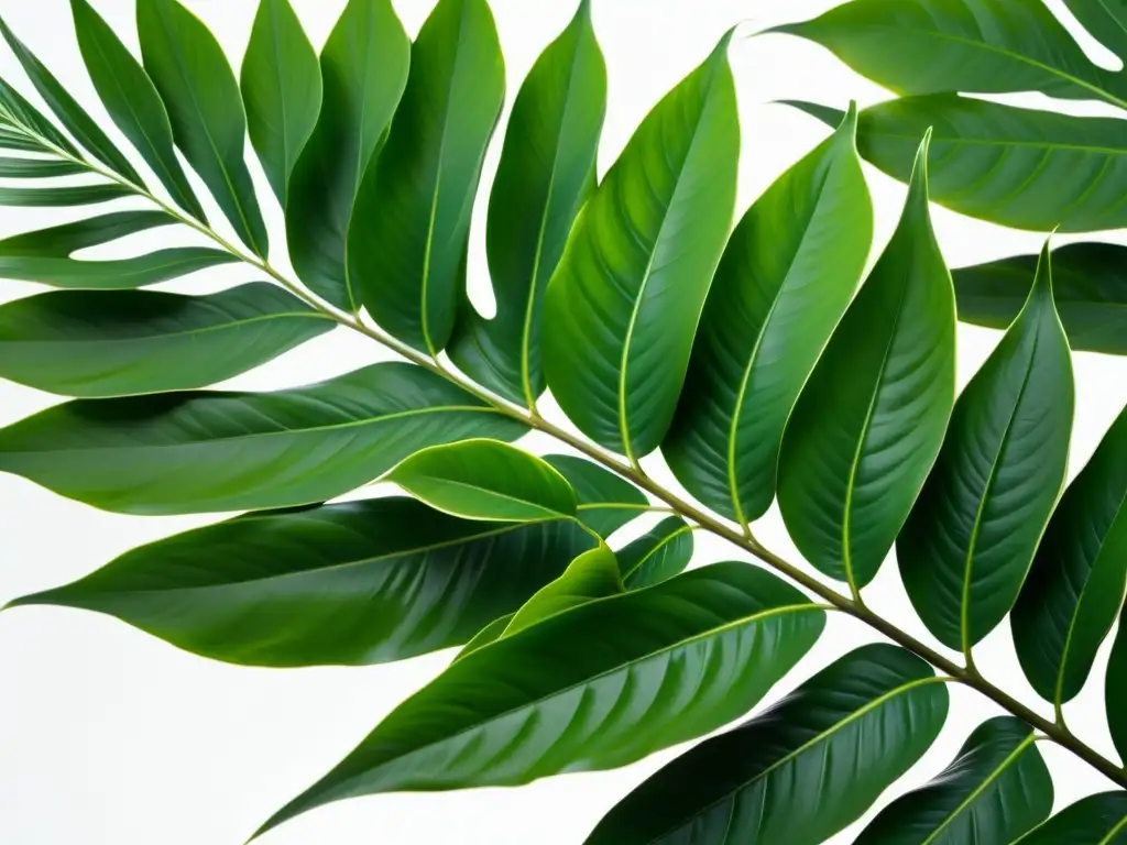 Detalle exuberante de planta tropical verde en un fondo blanco