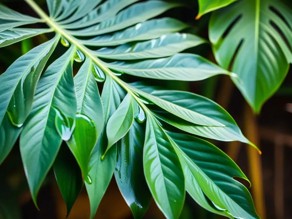 Detalle de exuberante planta tropical purificadora de aire, con hojas vibrantes y texturas fascinantes