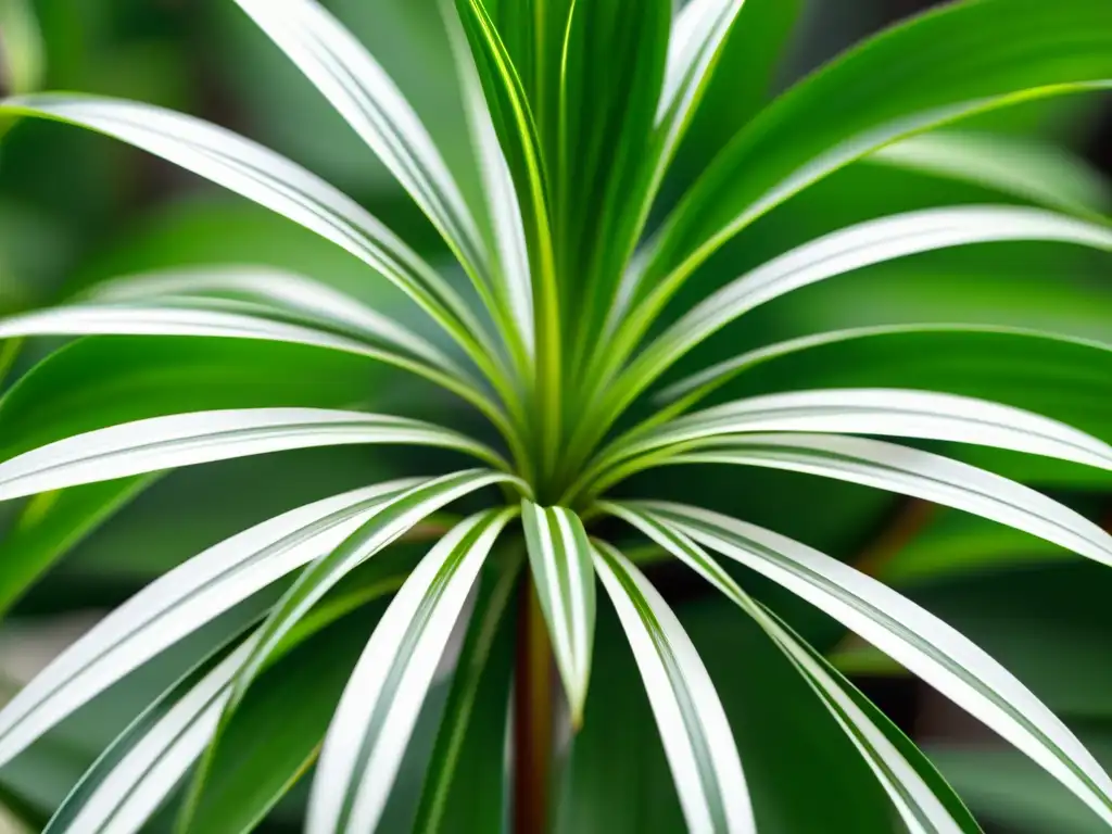 Un detalle de una exuberante planta araña verde (Chlorophytum comosum) con hojas arqueadas y rayas blancas